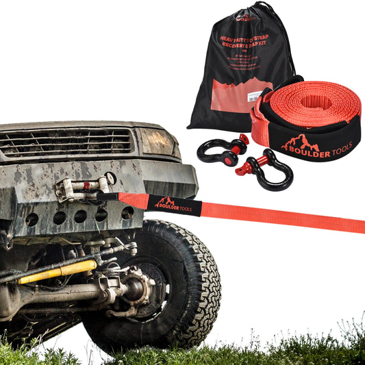 Boulder Tools Heavy-Duty Recovery Tow Strap, Winch Strap - Made of Industrial-Grade Materials - Extreme Rope Perfect for Vehicles Off-Road Recovery - Truck Accessory Two Strap Recovery Kit