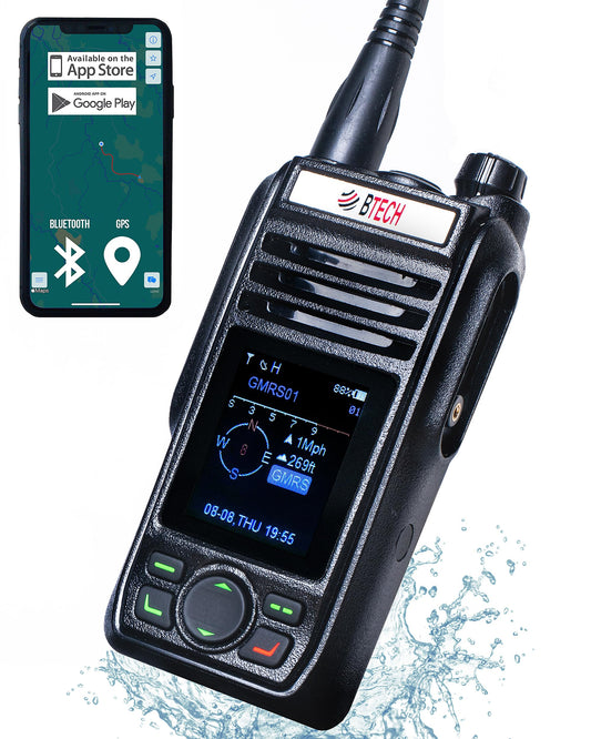 BTECH GMRS-PRO IP67 Submersible Radio with Texting & Location Sharing, GPS, Bluetooth Audio, Compass, NOAA Weather Alerts, Dual Band (VHF/UHF) Scanner, Long Range Two-Way GMRS Walkie Talkie