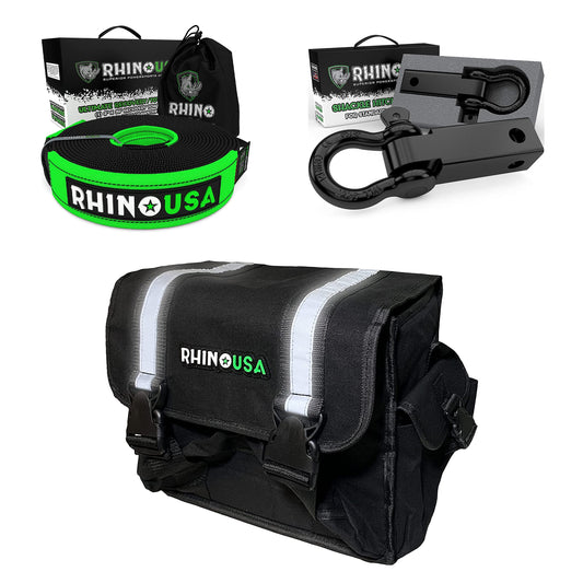 Rhino USA Bundle - Recovery Tow Strap (3x30) + Shackle Hitch (2 Inch) + Recovery Gear Storage Bag - Guaranteed for Life!