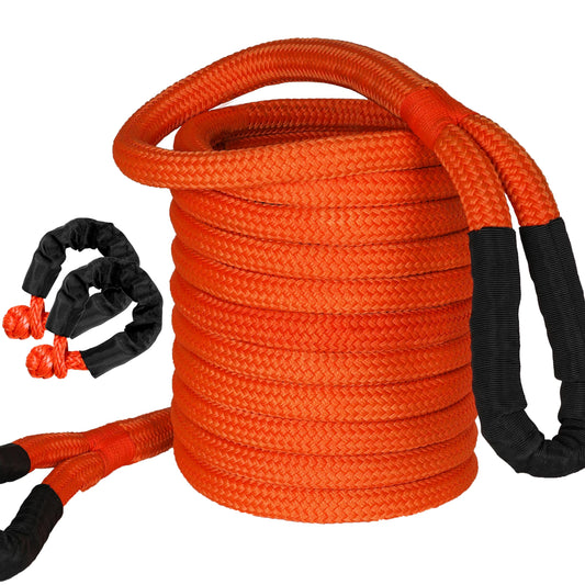 Kinetic Recovery Rope with 2pcs 1/2in Soft Shackles, 48000 Lbs (1in x 30ft Orange) Extreme Duty 30% Elasticity Energy Snatch Strap for 4x4 Offroad Vehicle 13FT