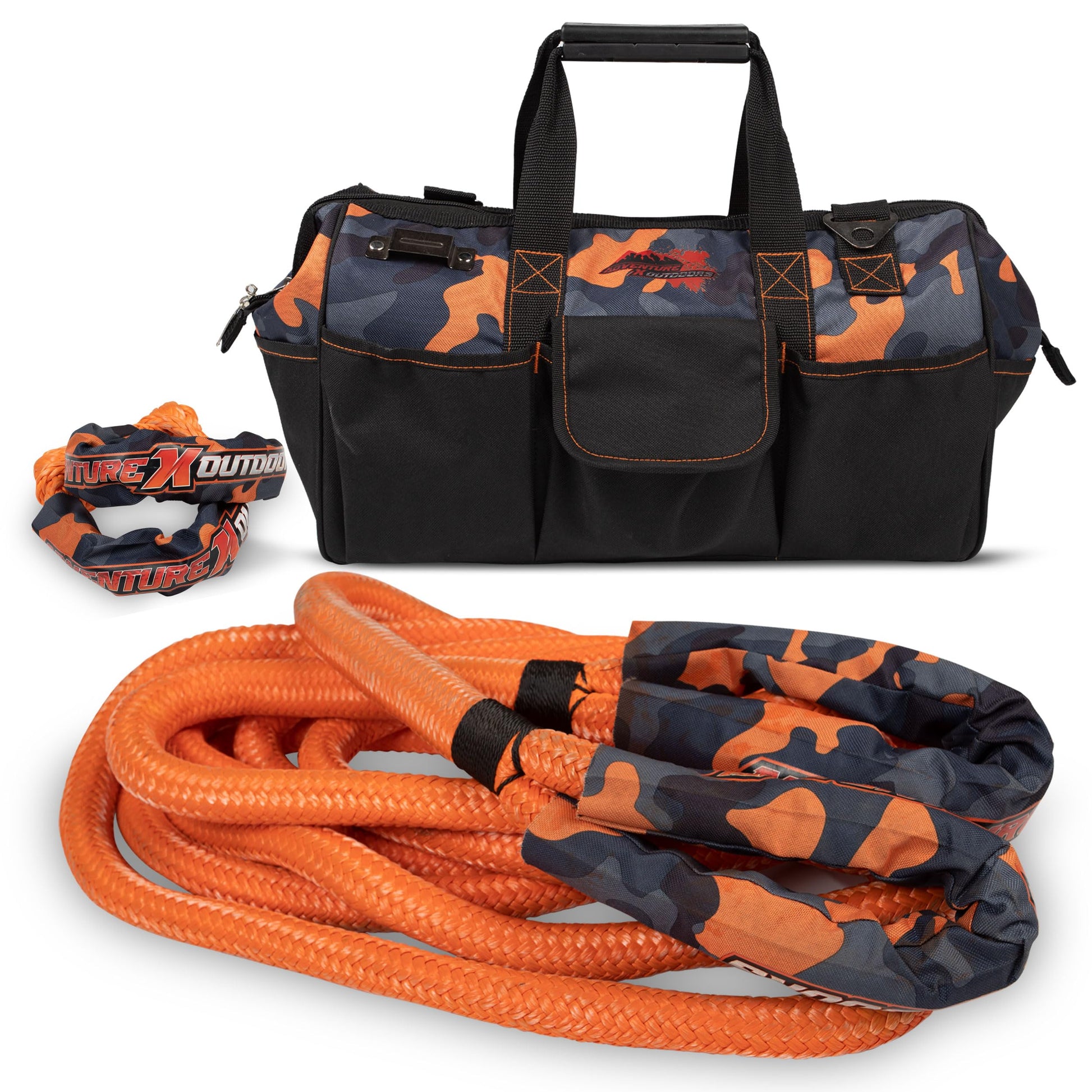 (1in x 30ft) Kinetic Recovery Rope (34,370lbs)- Off-Road Kinetic Tow Rope, Kinetic Rope Kit Includes Orange Camo Storage Bag and 1/2 x 20 Soft Shackles