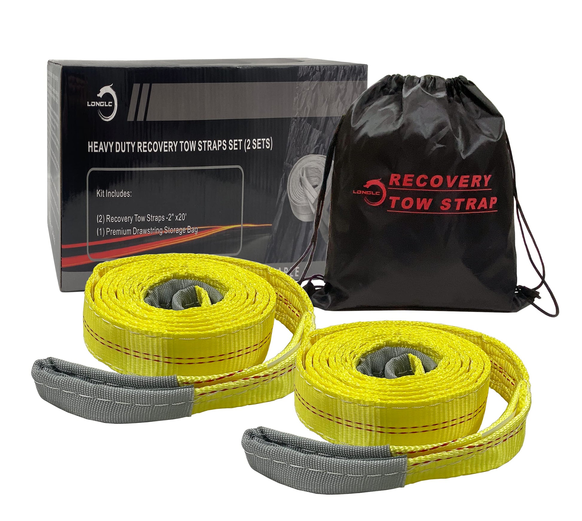 2 Pack 2" x20' Recovery Tow Strap Heavy Duty, 20,000 LBS Drawstring Carrying Bag 2"x20'