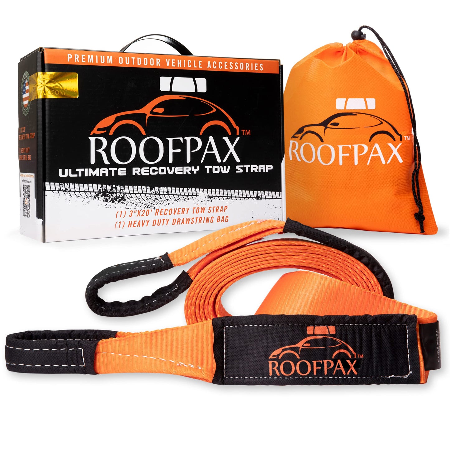 Tow Strap by RoofPax | 3" x 20 ft. Off Road Recovery Rope | 30,180 lb Break Strength Capacity | Heavy Duty Winch Strap with Triple Reinforced End Loops | Essential Recovery Kit for Getting Unstuck