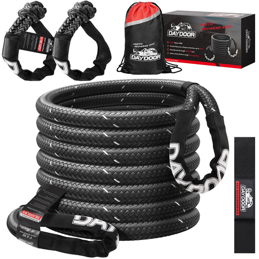 Kinetic Recovery Rope, Recovery Rope, Kinetic Tow Rope, Extreme Duty 30% Elasticicty Energy Snatch Rope,1" x 30ft, with 2 Soft Shackles Gray